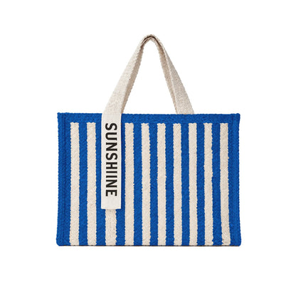 Draagtas stro blauw gestreept 42x35x17 cm