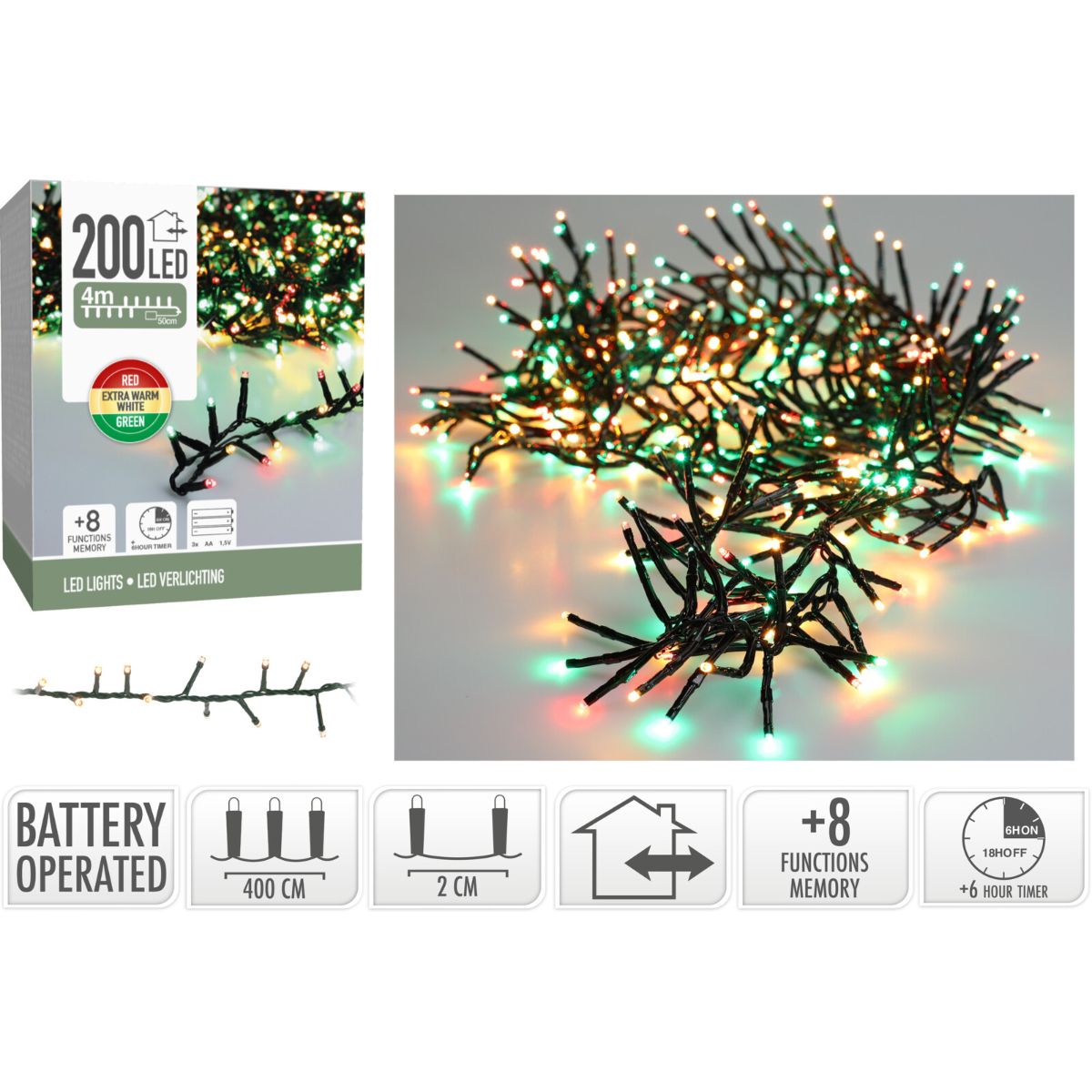 Micro Cluster 200 Led - 4M - Three Tone Traditional - Batterij - Lichtfuncties - Geheugen - Timer