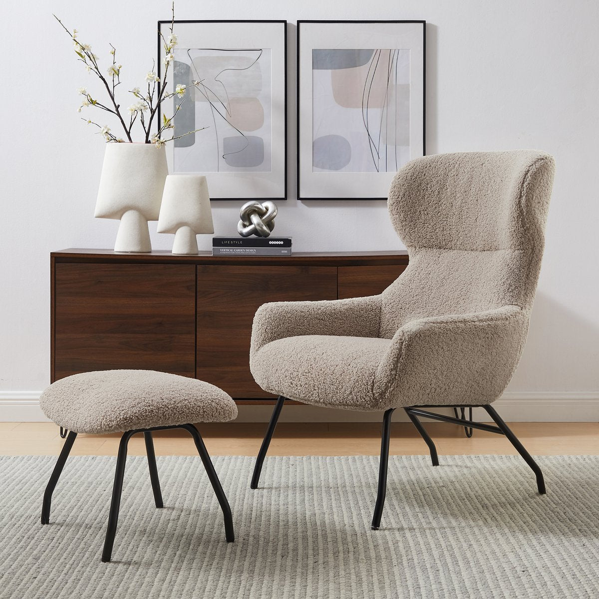 Fauteuil en kruk teddybont taupe