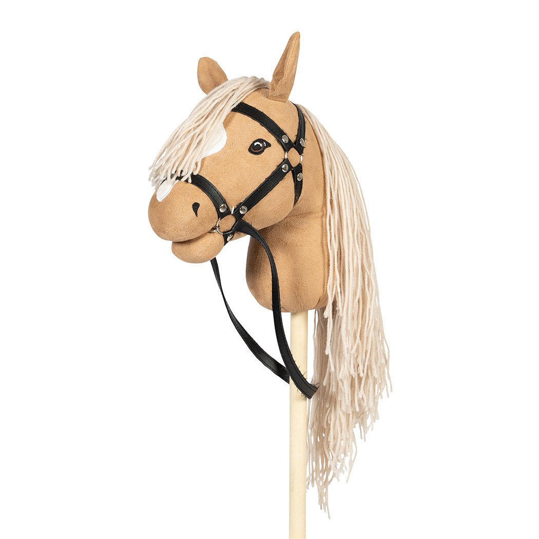 Stokpaard open mond blond met hoofdstellen en rugzak