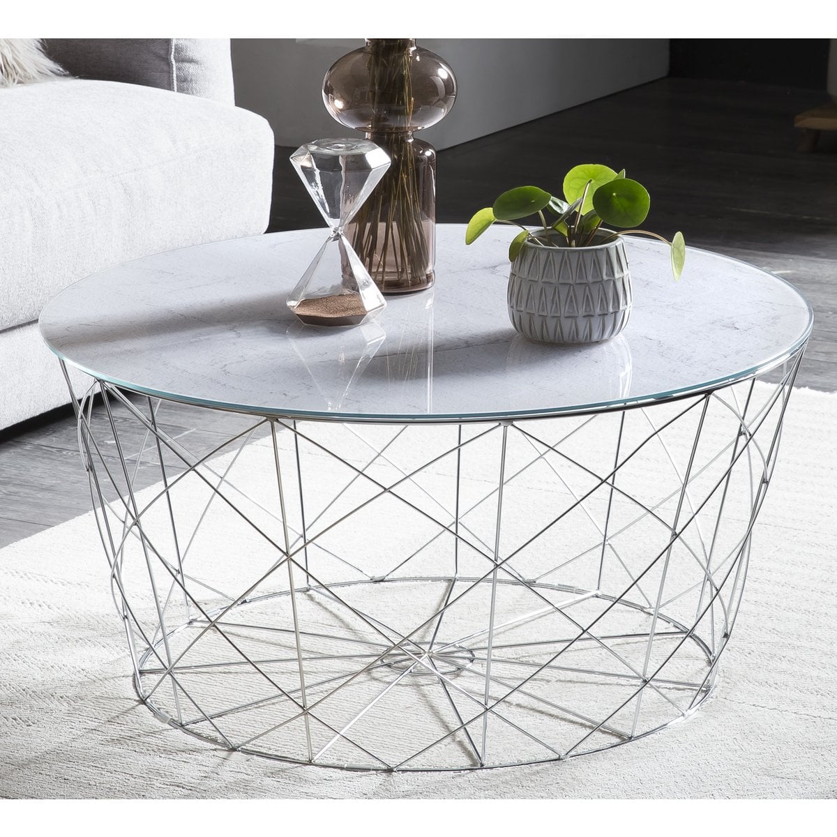 Salontafel Ø 80 cm glas marmerlook metaal