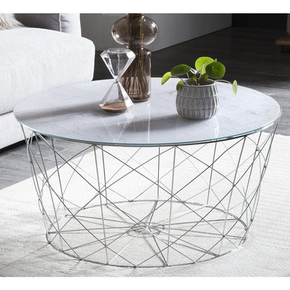 Salontafel Ø 80 cm glas marmerlook metaal