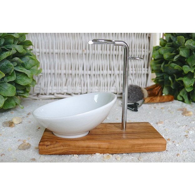 Scheerkwasthouder olijfhout porselein 14x7x12 cm