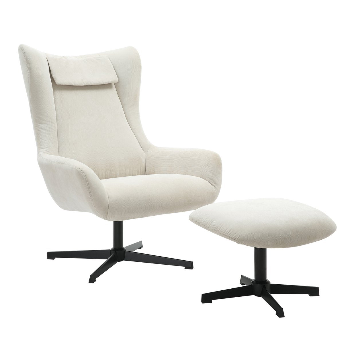Fauteuil met kruk corduroy beige