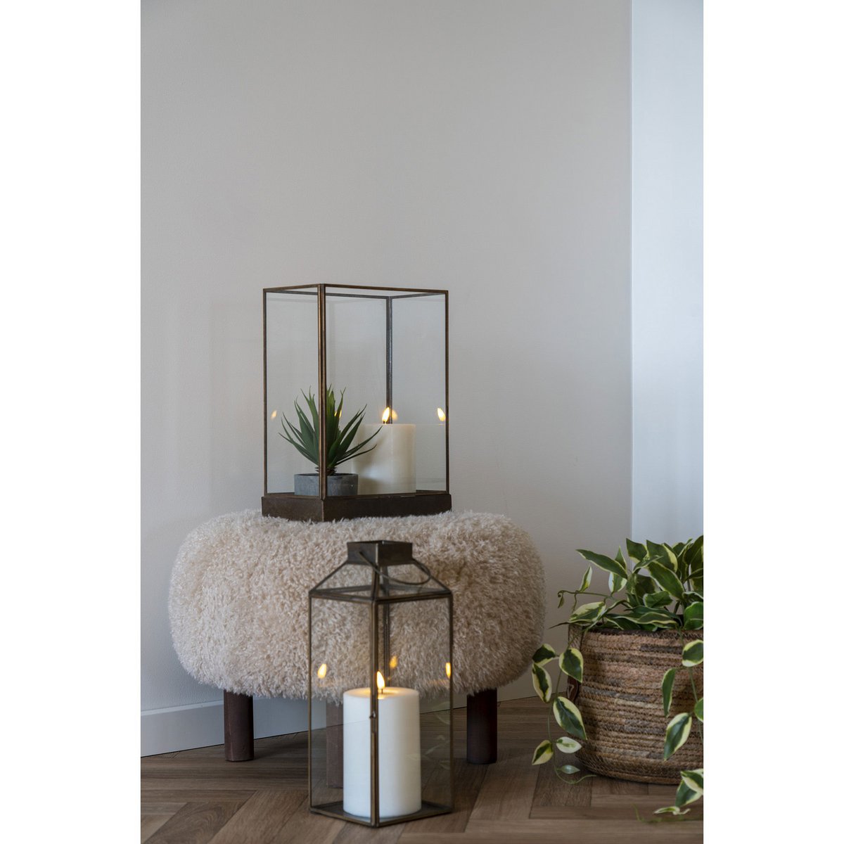 Lantaarn 35 cm metaal glas bruin