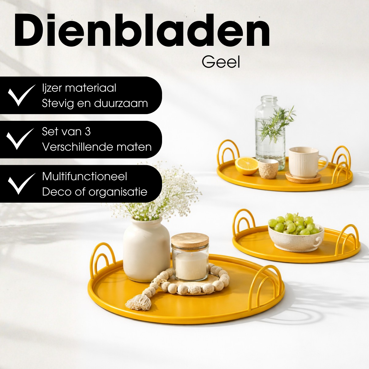 Dienblad set ijzer geel 3 stuks Ø30-42 cm