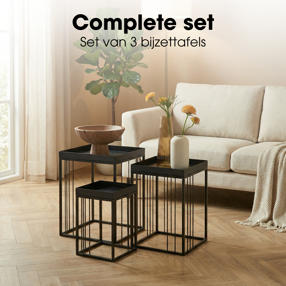 Bijzettafel set 3 stuks zwart ijzer
