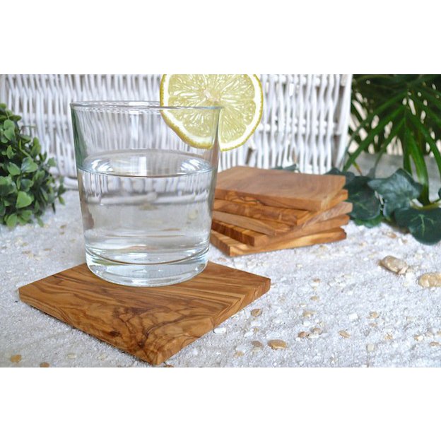 Olijfhouten onderzetters set van 6 vierkant 9x9 cm