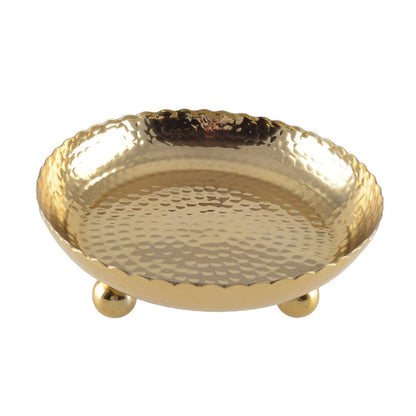 Plateau rond 23 cm goud metaal gehamerd