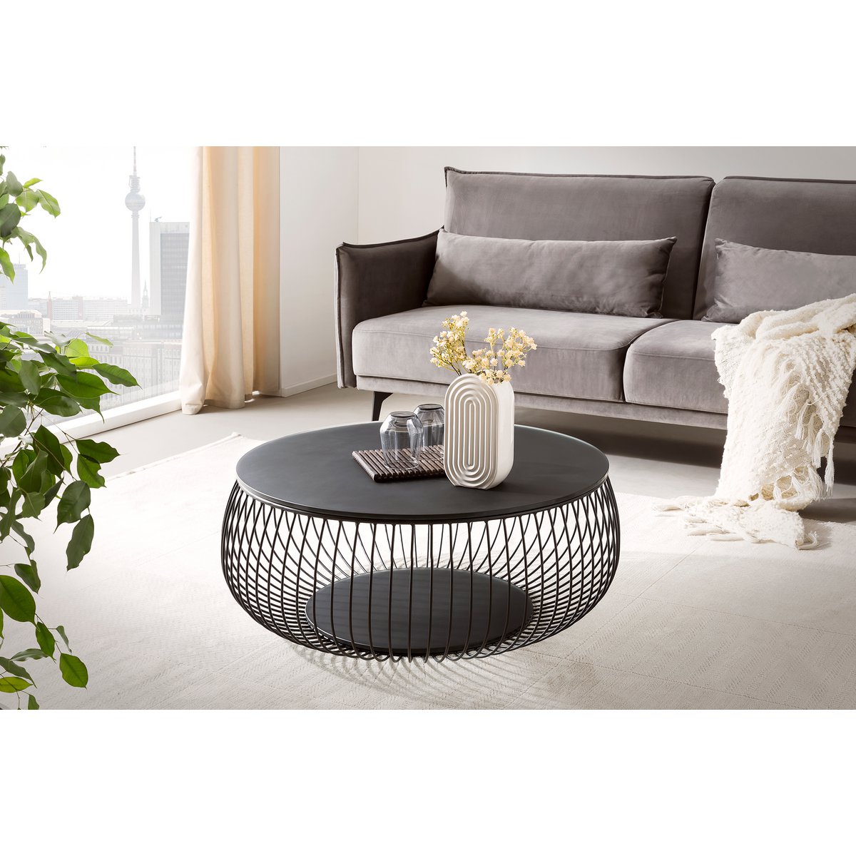 Salontafel 86 cm zwart metaal glas