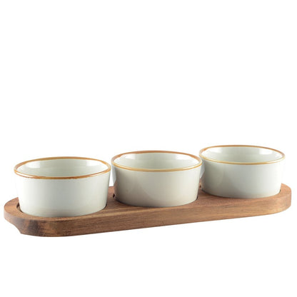 Appetizer set of 3 cups on wooden tray 29x10cm