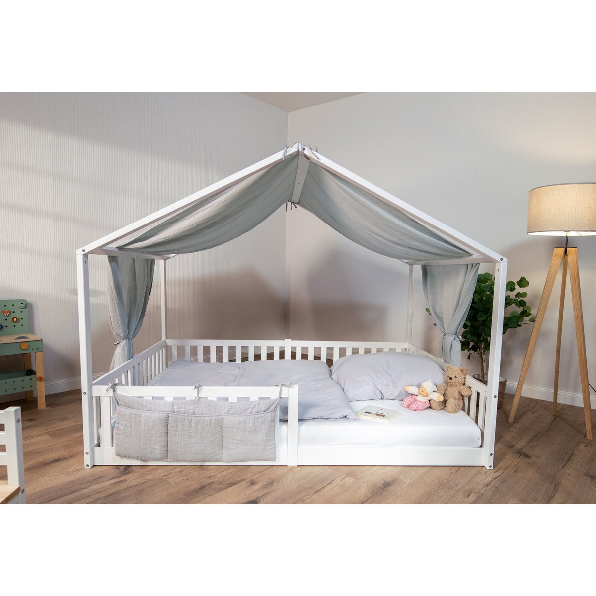 Bed organizer grijs mosselin