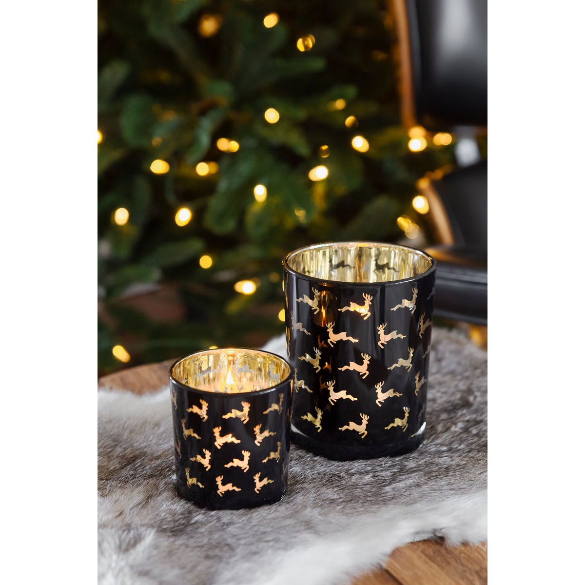 Theelichtset 2 stuks glas zwart goud Ø7/10 cm