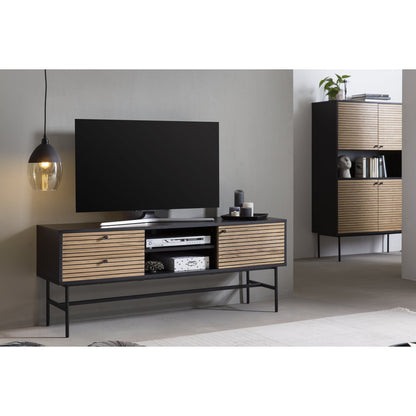 Lowboard black/oak real wood veneer
