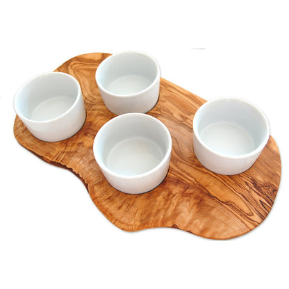 Serveerplank met 4 dipschalen hout