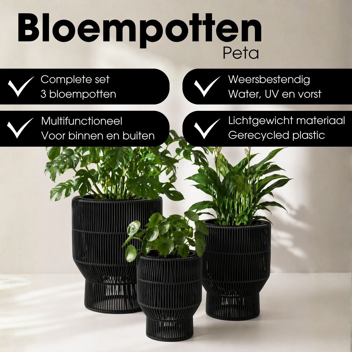 Bloempot buiten set 3 stuks zwart plastic