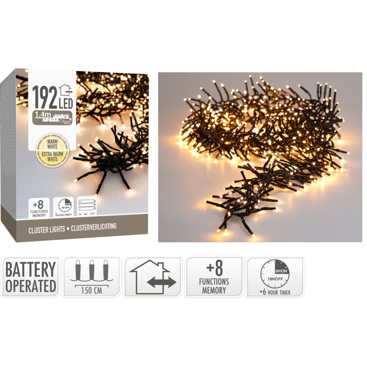 Clusterverlichting 192 Led -  1.4M - Two Tone Romantic - Batterij - Lichtfuncties - Geheugen - Timer