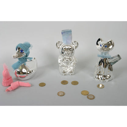 Spaarpot eend metaal blauw roze 12x8,5x13,5 cm