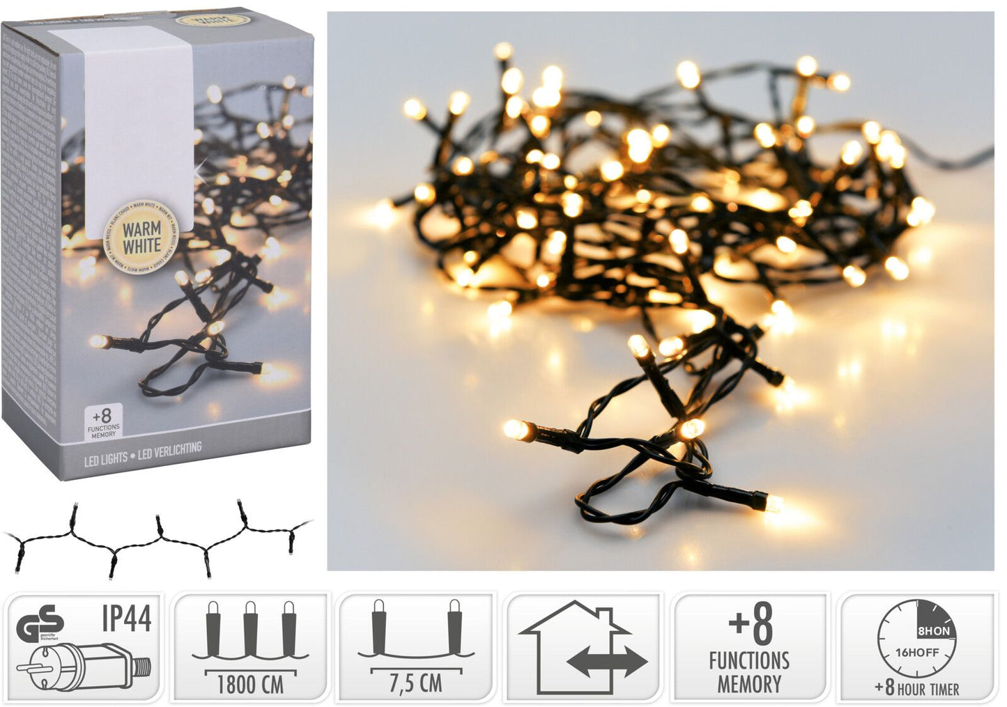 Kerstverlichting 240 Led- 18M - Warm Wit - Timer - Lichtfuncties - Geheugen - Buiten