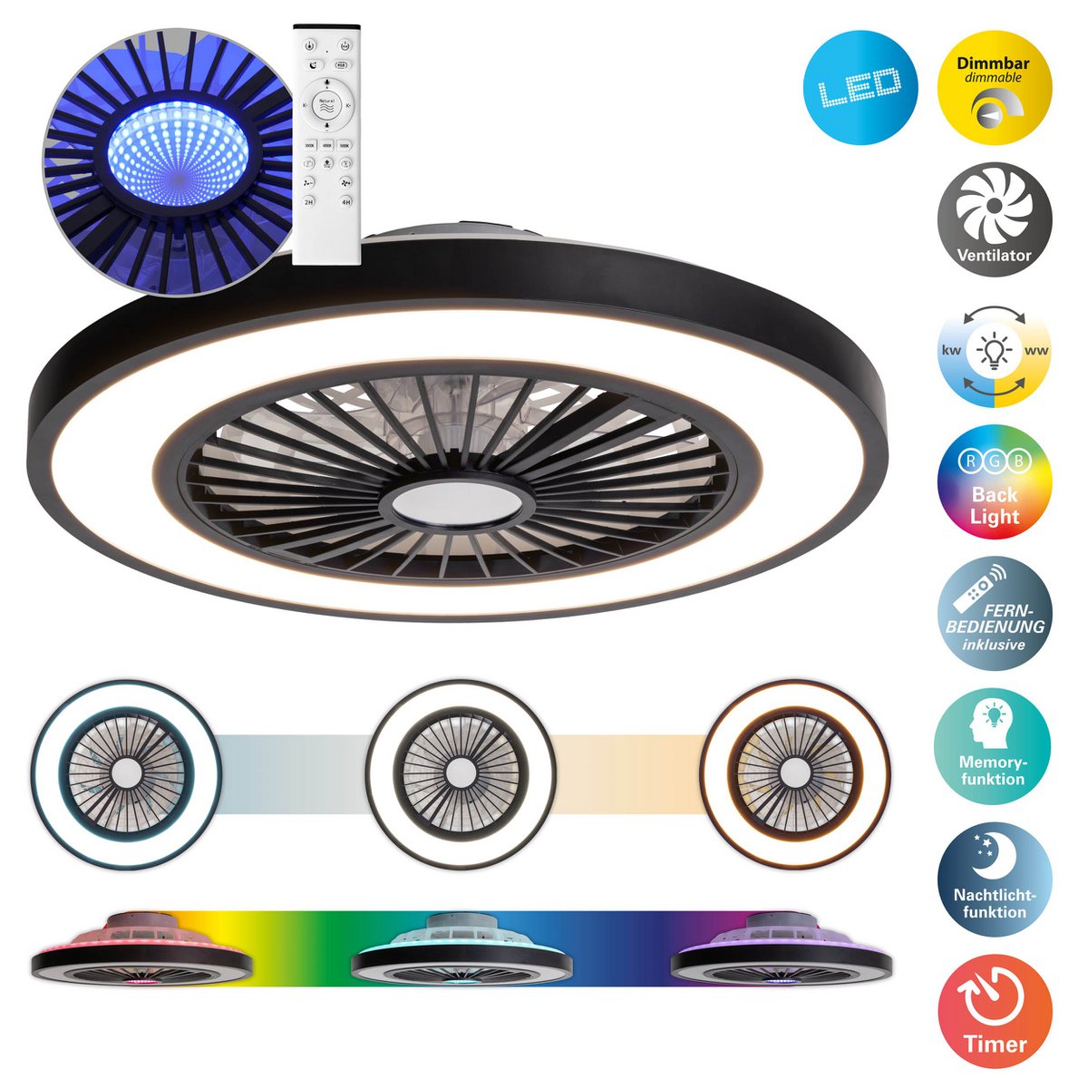 Plafondlamp met ventilator 54 cm metaal plastic