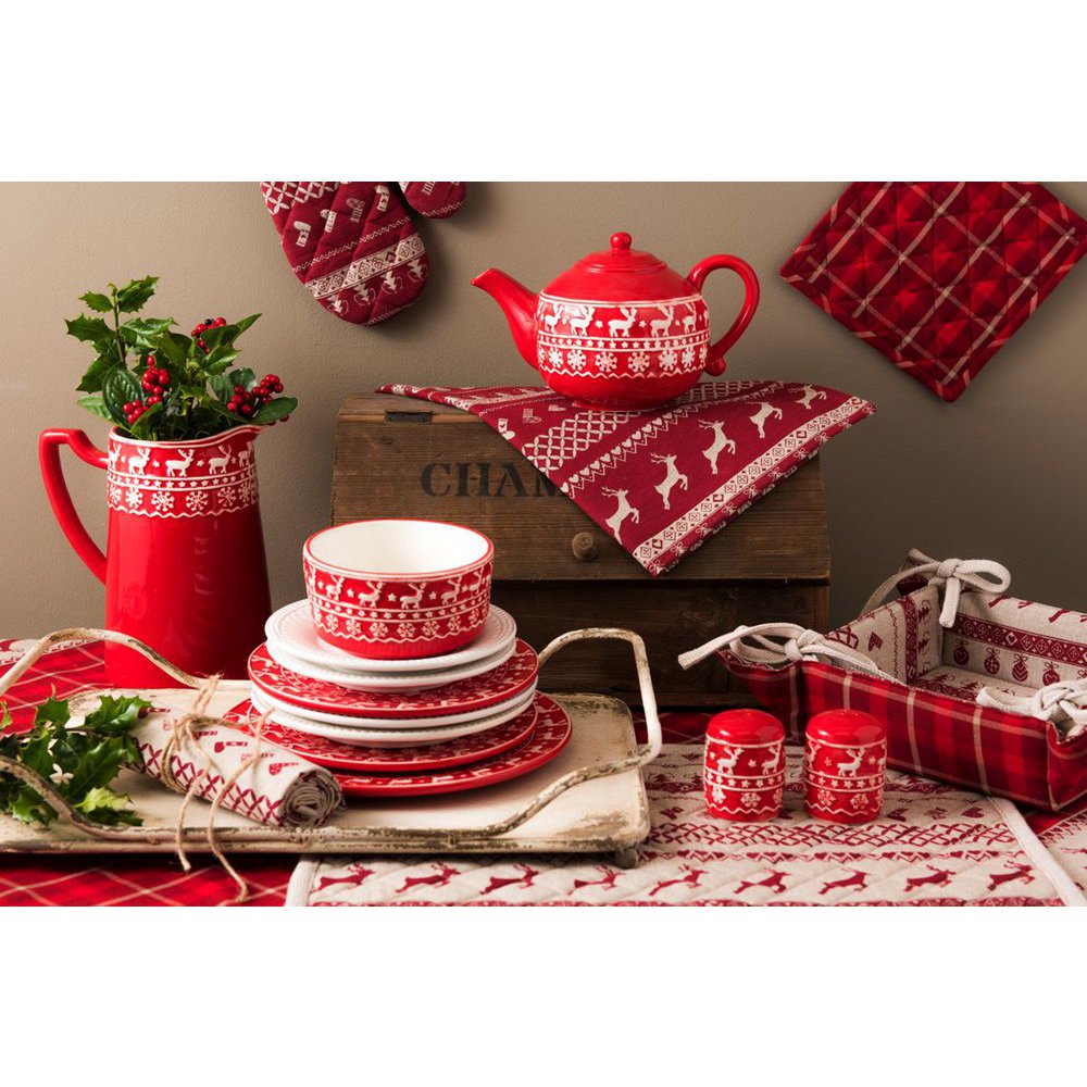 Vierkant Tafelkleed Kerst 150x150 cm Rood Beige Katoen Hert en Kerst Tafellaken