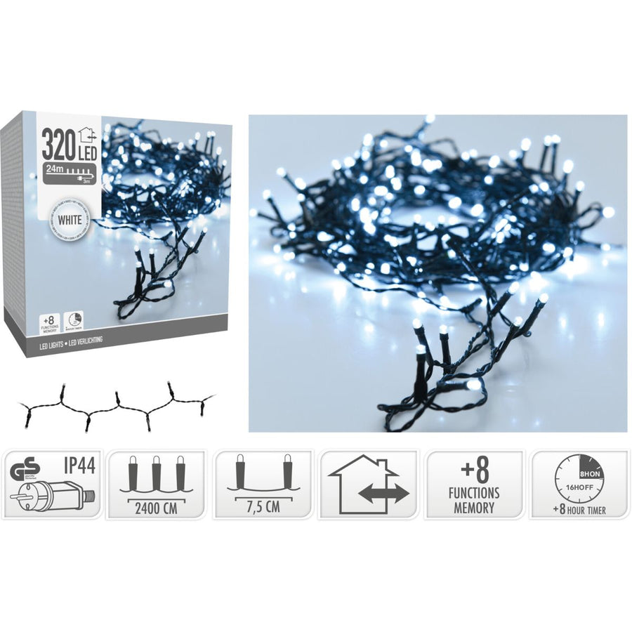 Kerstverlichting 320 Led- 24M - Wit - Timer - Lichtfuncties - Geheugen - Buiten