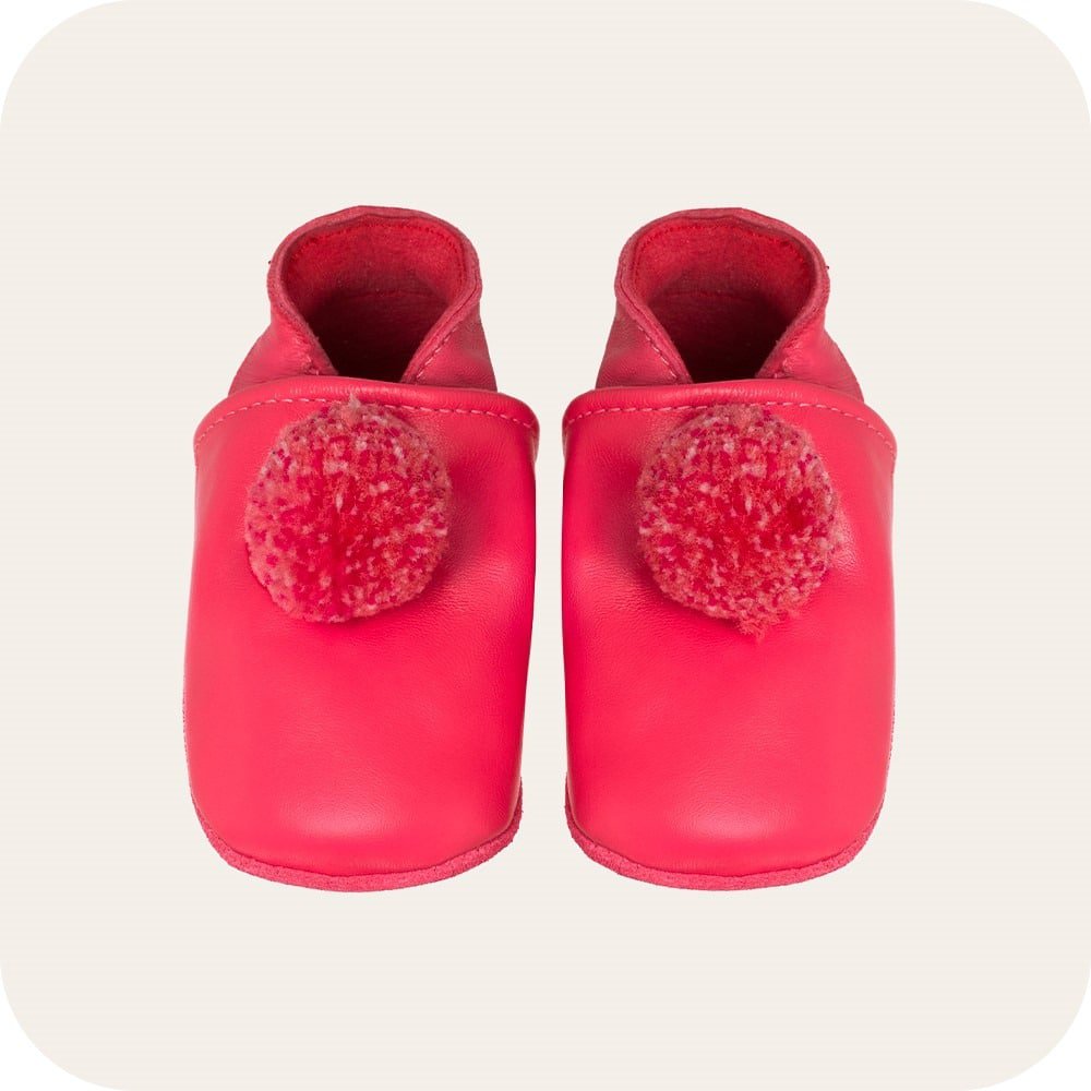 Babyslofjes leer fuchsia pompons