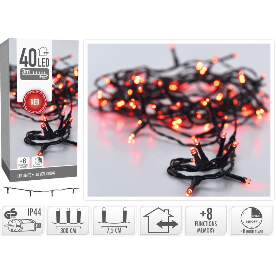 Kerstverlichting 40 Led- 3M - Rood - Timer - Lichtfuncties - Geheugen - Buiten