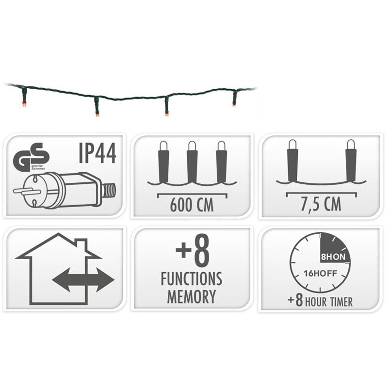 Kerstverlichting 80 Led- 6M - Rood - Timer - Lichtfuncties - Geheugen - Buiten
