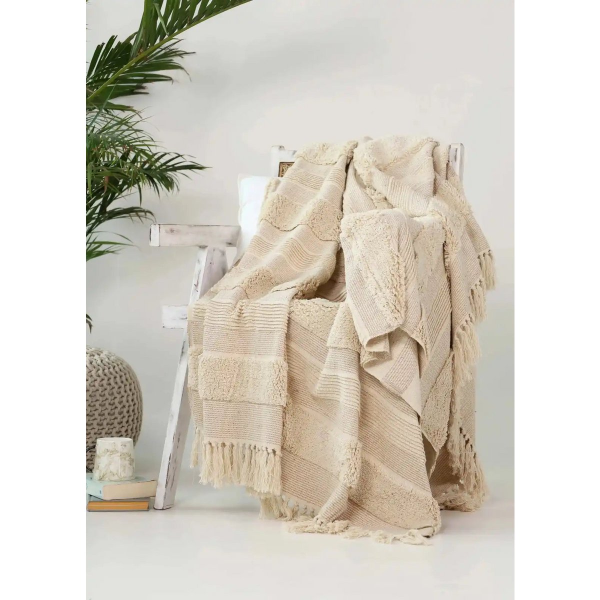 Plaid 130x165 cm katoen beige gestreept