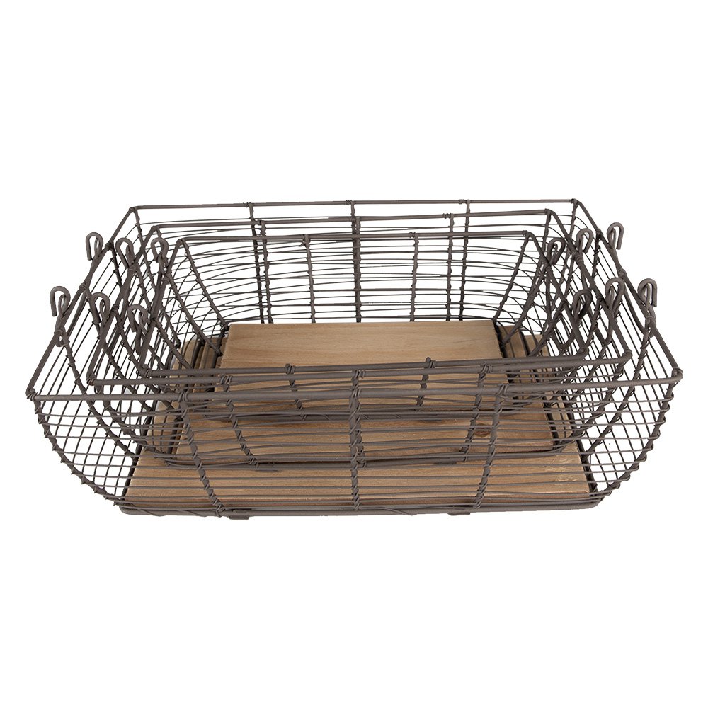 Opbergmand set van 3 grijs bruin ijzer hout