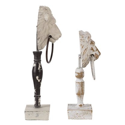 Decoratie beelden set van 2 leeuw hout wit zwart