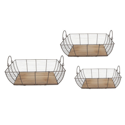Opbergmand set van 3 grijs bruin ijzer hout