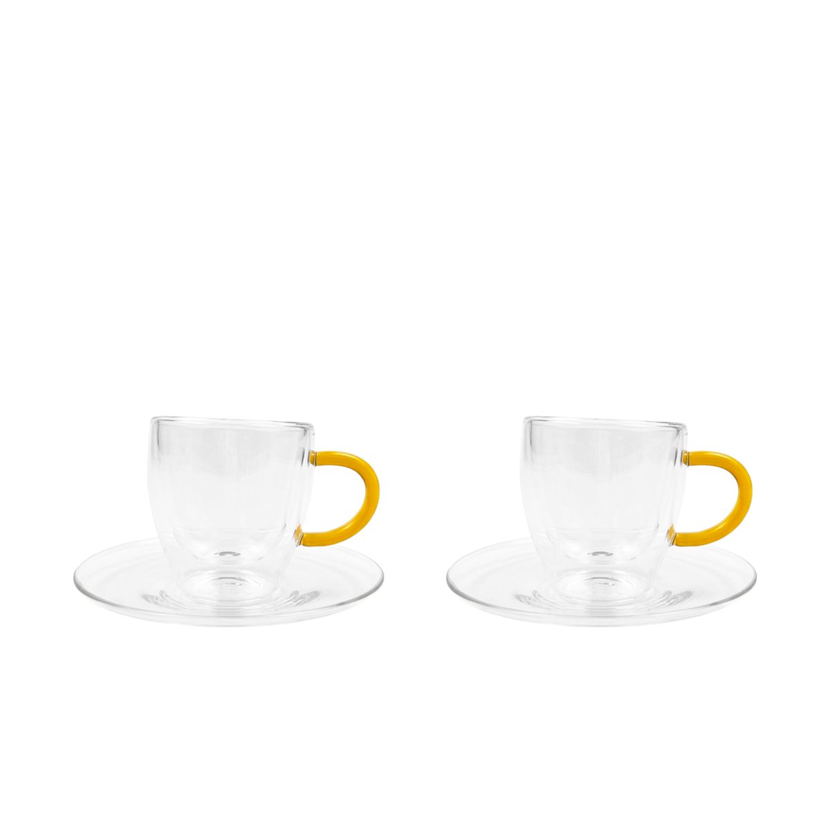 Espressokopjes dubbelwandig glas geel handvat 80 ml set van 2
