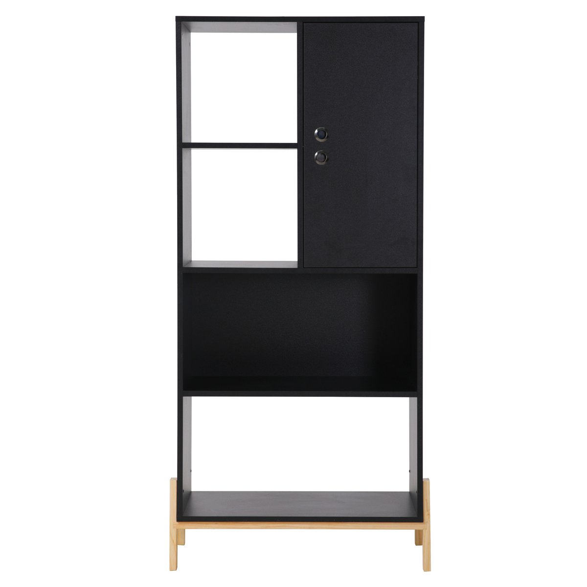 Zwarte Plank Met Grenen Poten En Open Vakken Met Indeling