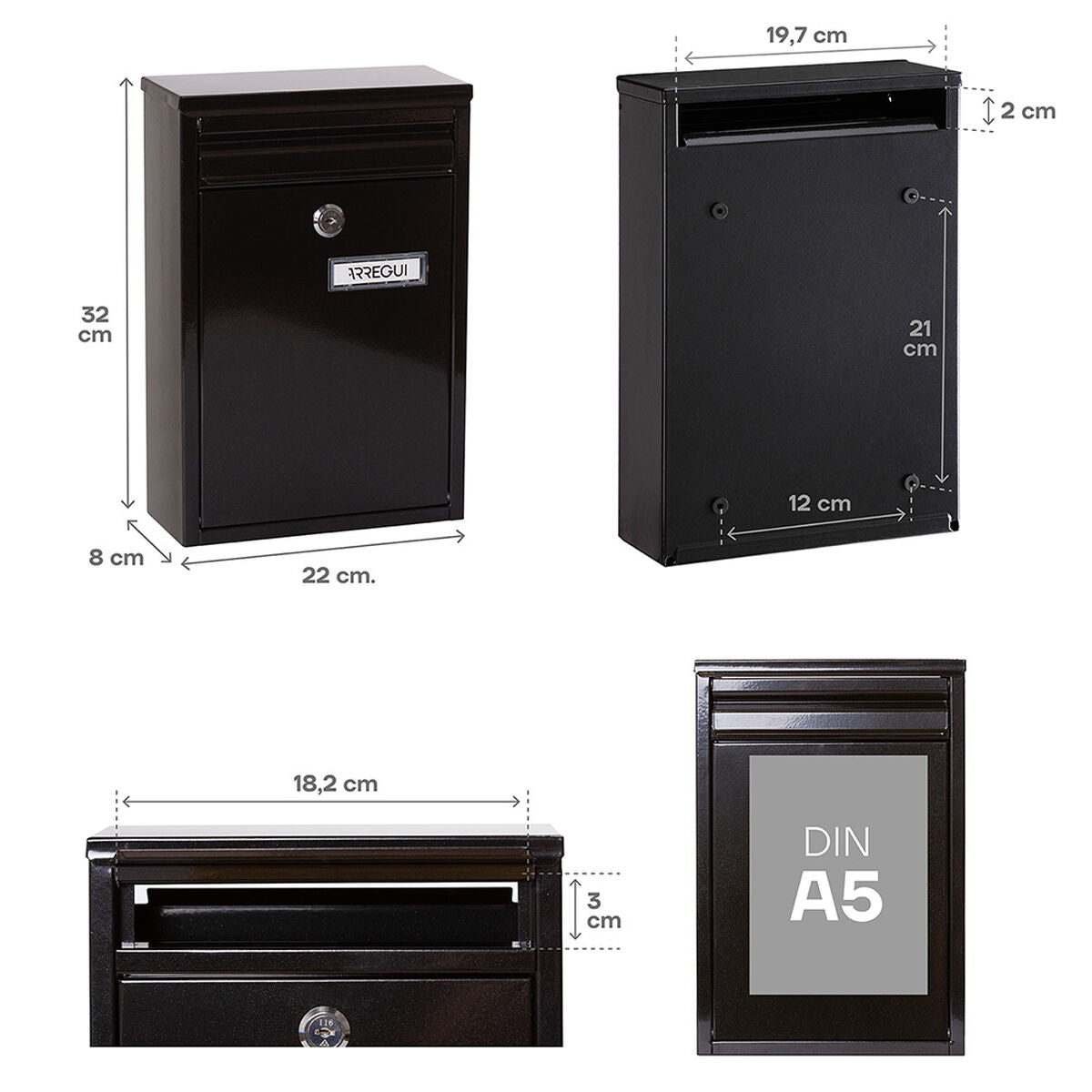 Arregui Brievenbus Arregui Zwart Staal 22 X 8 X 32 Cm