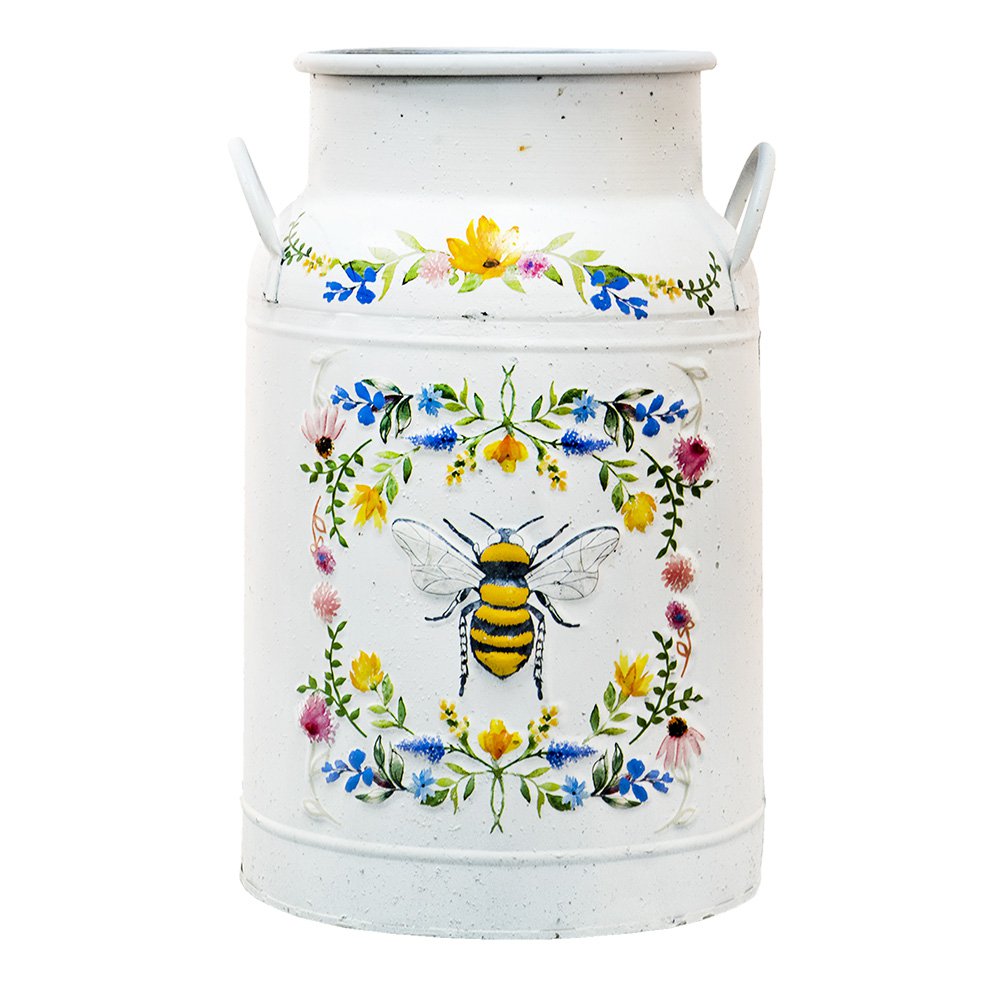 Decoratie Melkbus Ø 19x30 cm Wit Metaal Bij en Bloemen Melkkan