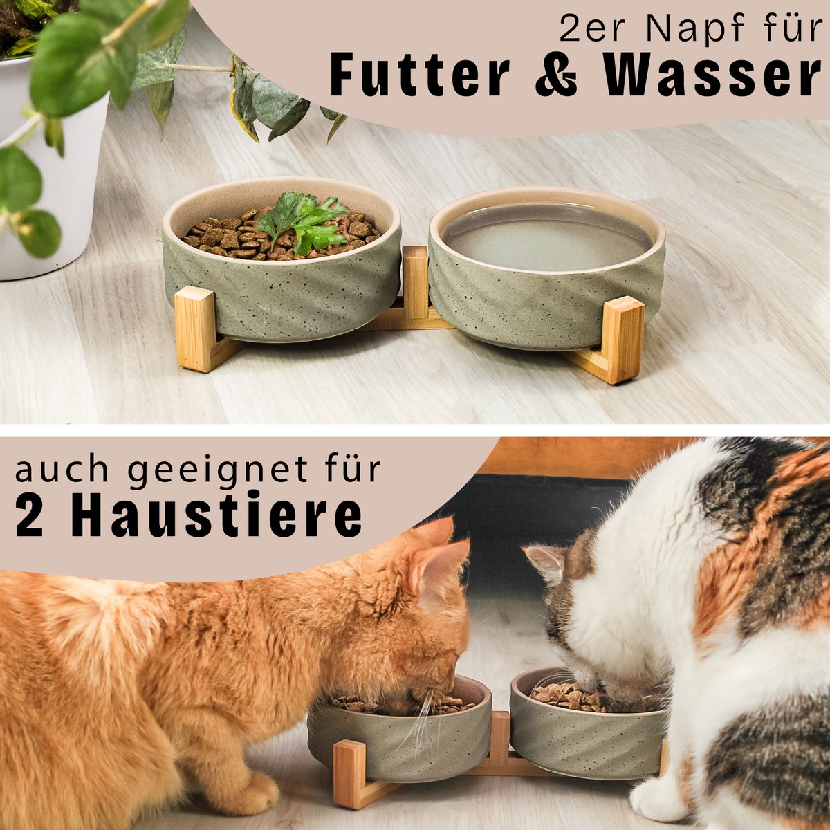 Huisdier voerbak keramiek bamboe dubbel beige grijs