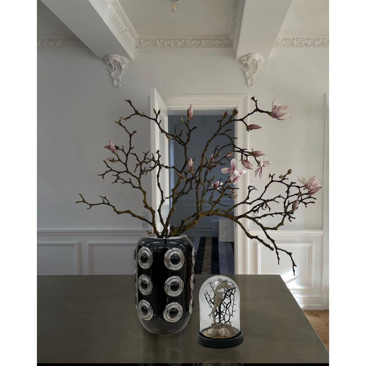 Zeepaardje stolp glas hout zwart goud