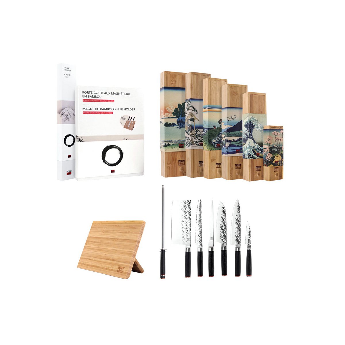 De Pakka Complete Set Pro (A) : 6 Messen (Schilmesje + Santoku + Gyuto + Fileermes + Broodmes + Hakmes) + 2 Accessoires (magnetische bamboe meshouder + aanzetstaal)