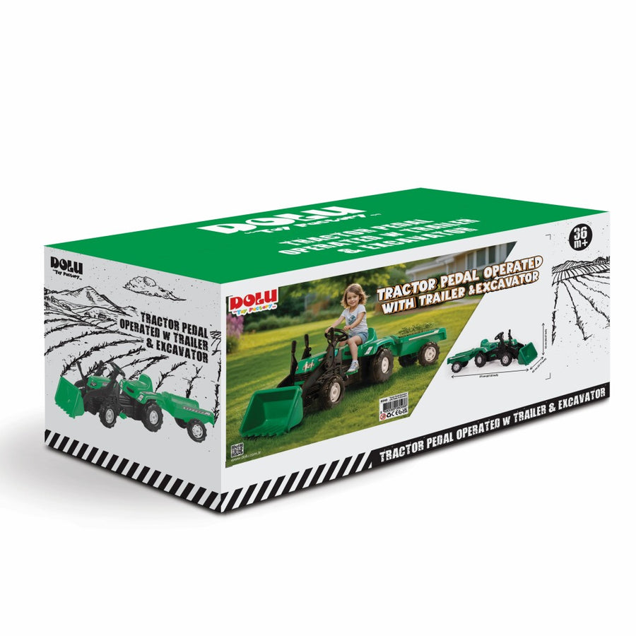 Dolu Traptractor Met Aanhanger &Amp; Voorlader &Amp; Claxon Groen/Zwart