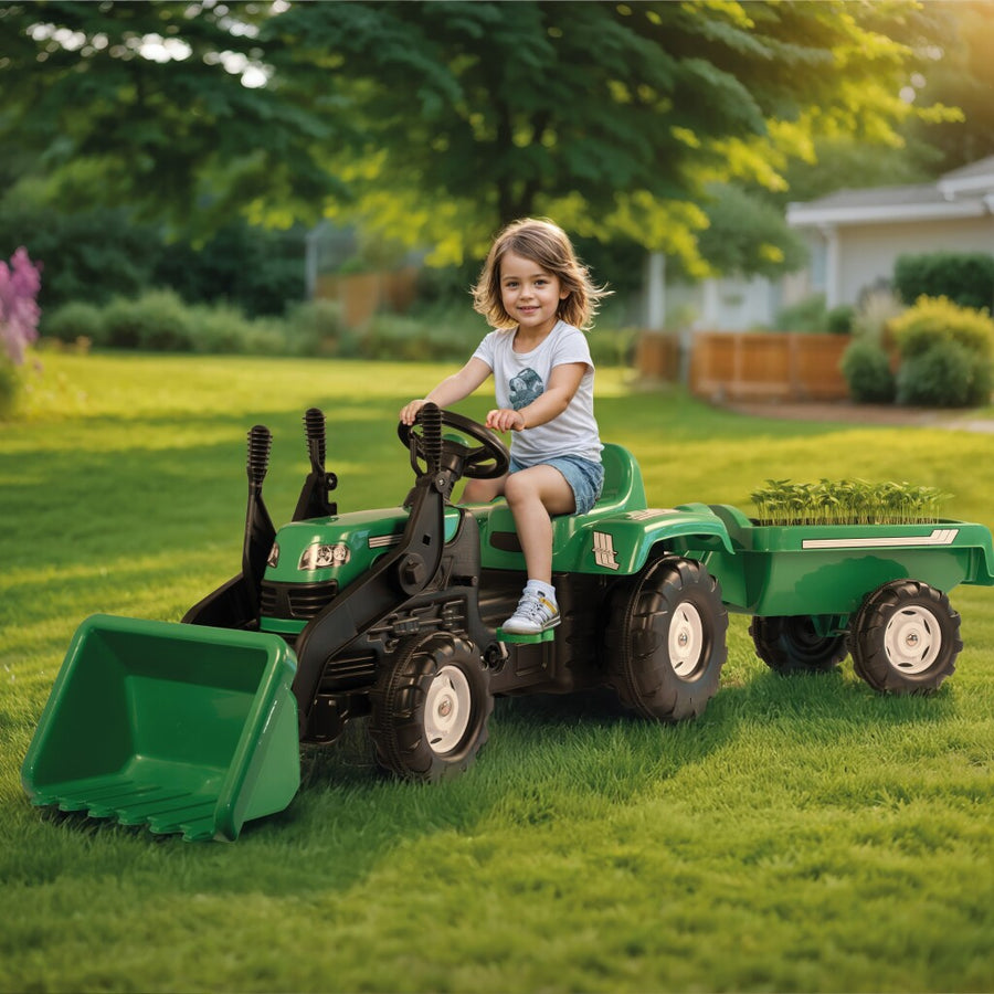 Dolu Traptractor Met Aanhanger &Amp; Voorlader &Amp; Claxon Groen/Zwart