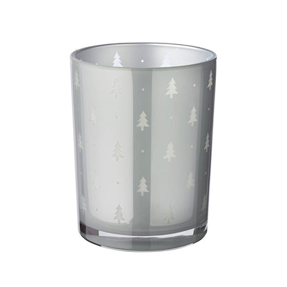 Lantaarn 13 cm glas grijs dennenboommotief