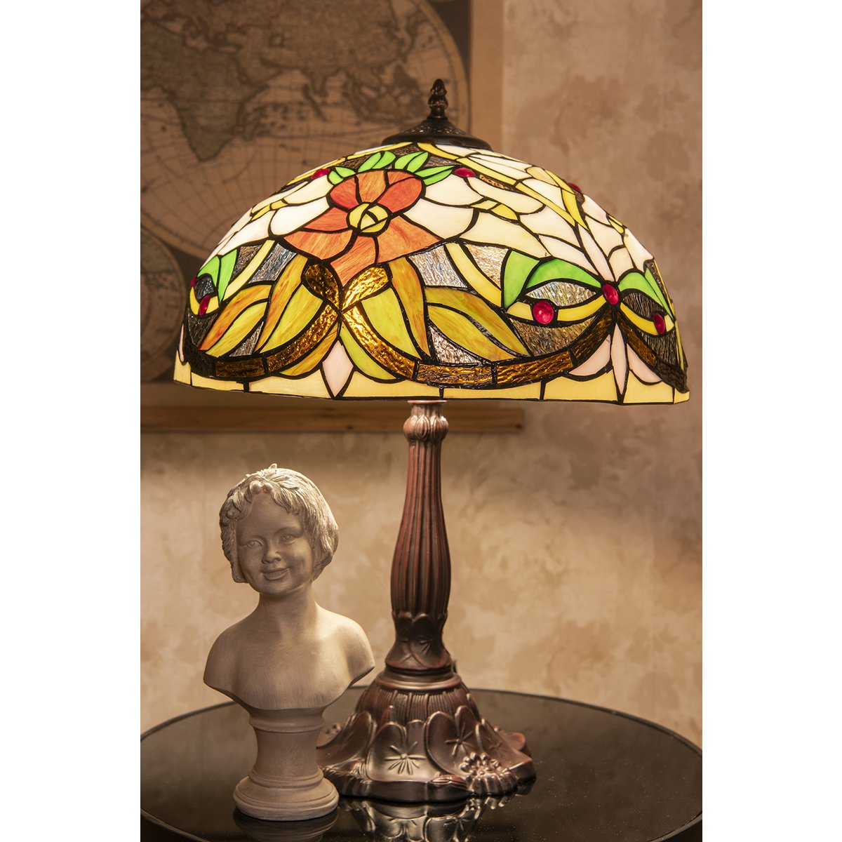 Tiffany Tafellamp Ø 41x58 cm Beige Groen Polyresin Bloemen Tiffany Bureaulamp