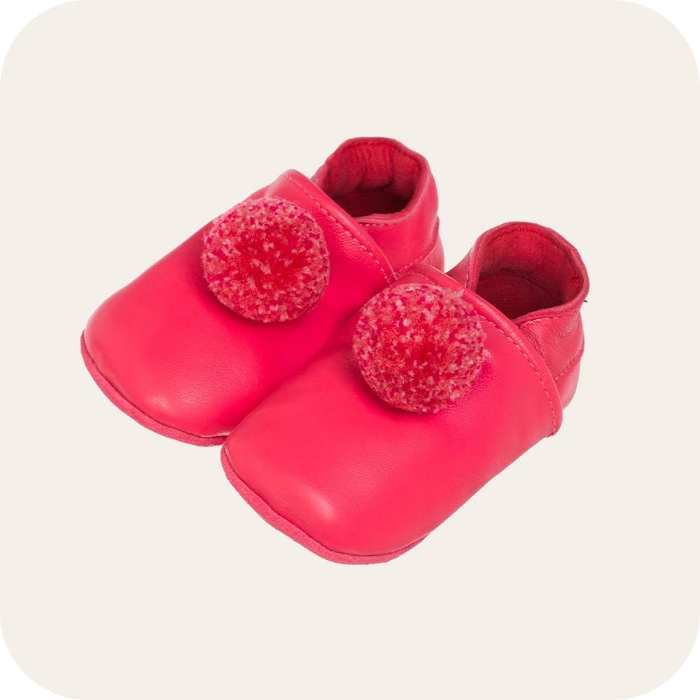 Babyslofjes leer fuchsia pompons