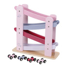 Houten autobaan met 4 auto's roze