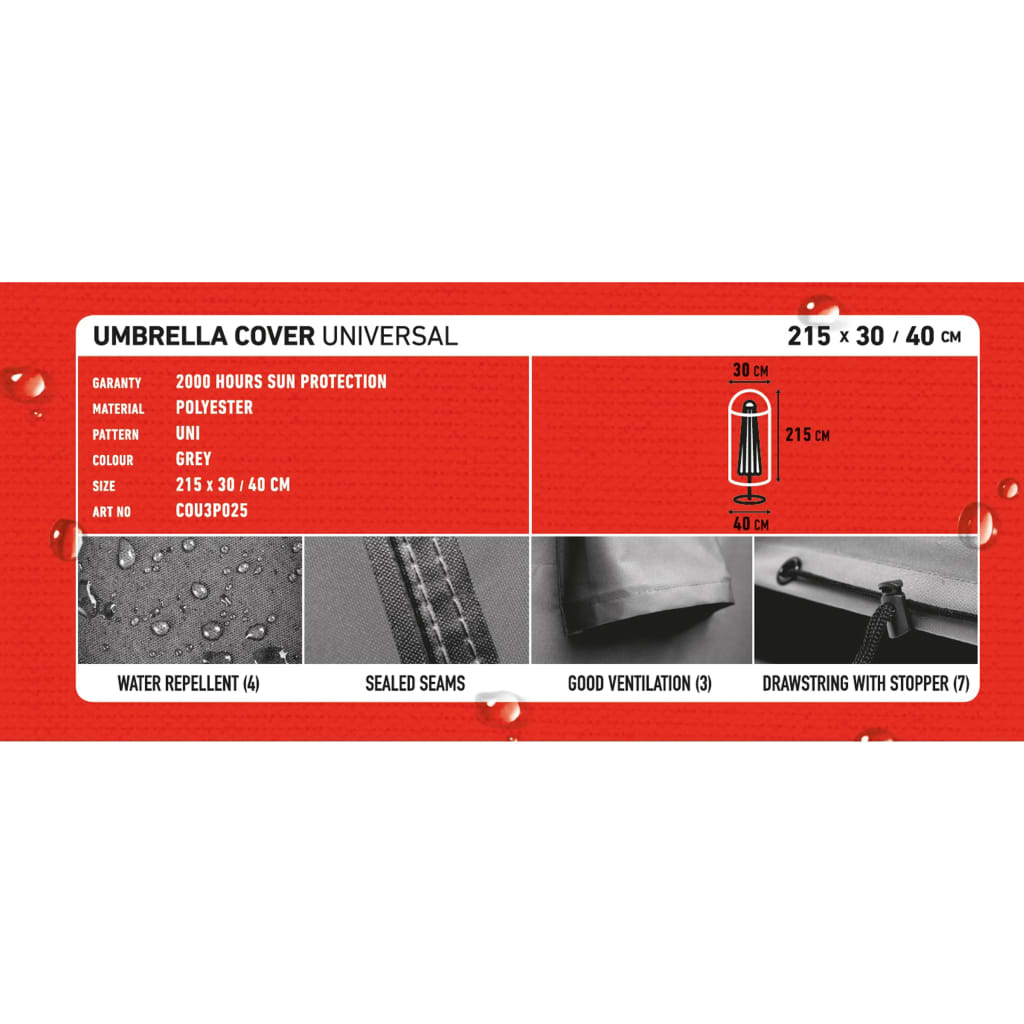 Hoes voor staande parasol 215x30 cm grijs 215 x 30 cm
