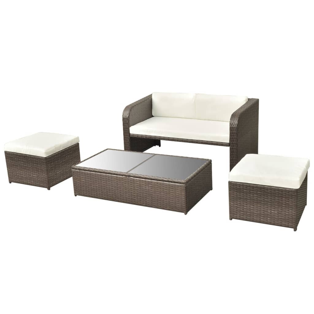 4-delige Loungeset met kussens poly rattan bruin