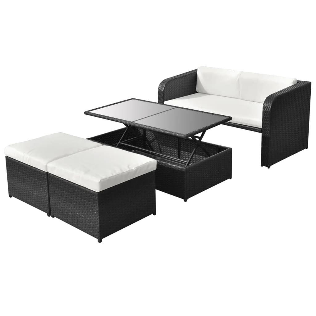 4-delige Loungeset met kussens poly rattan zwart