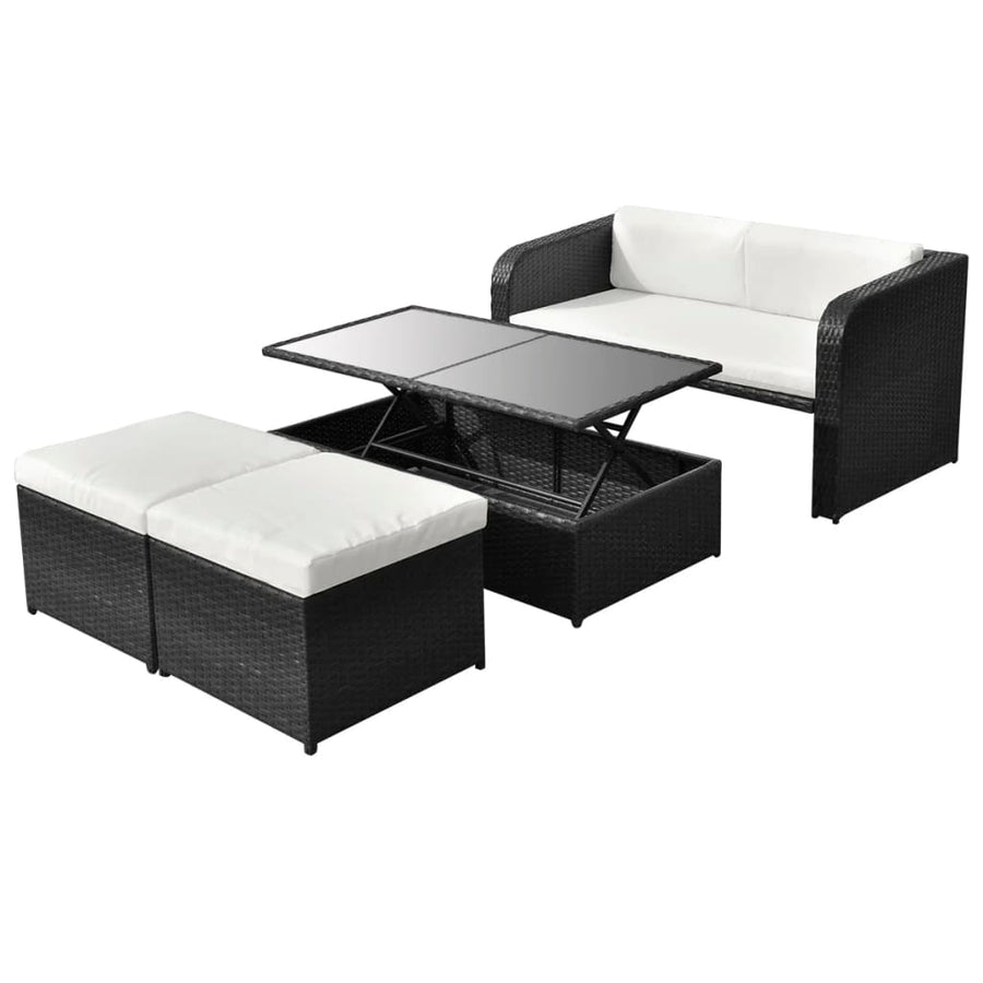 4-delige Loungeset met kussens poly rattan zwart